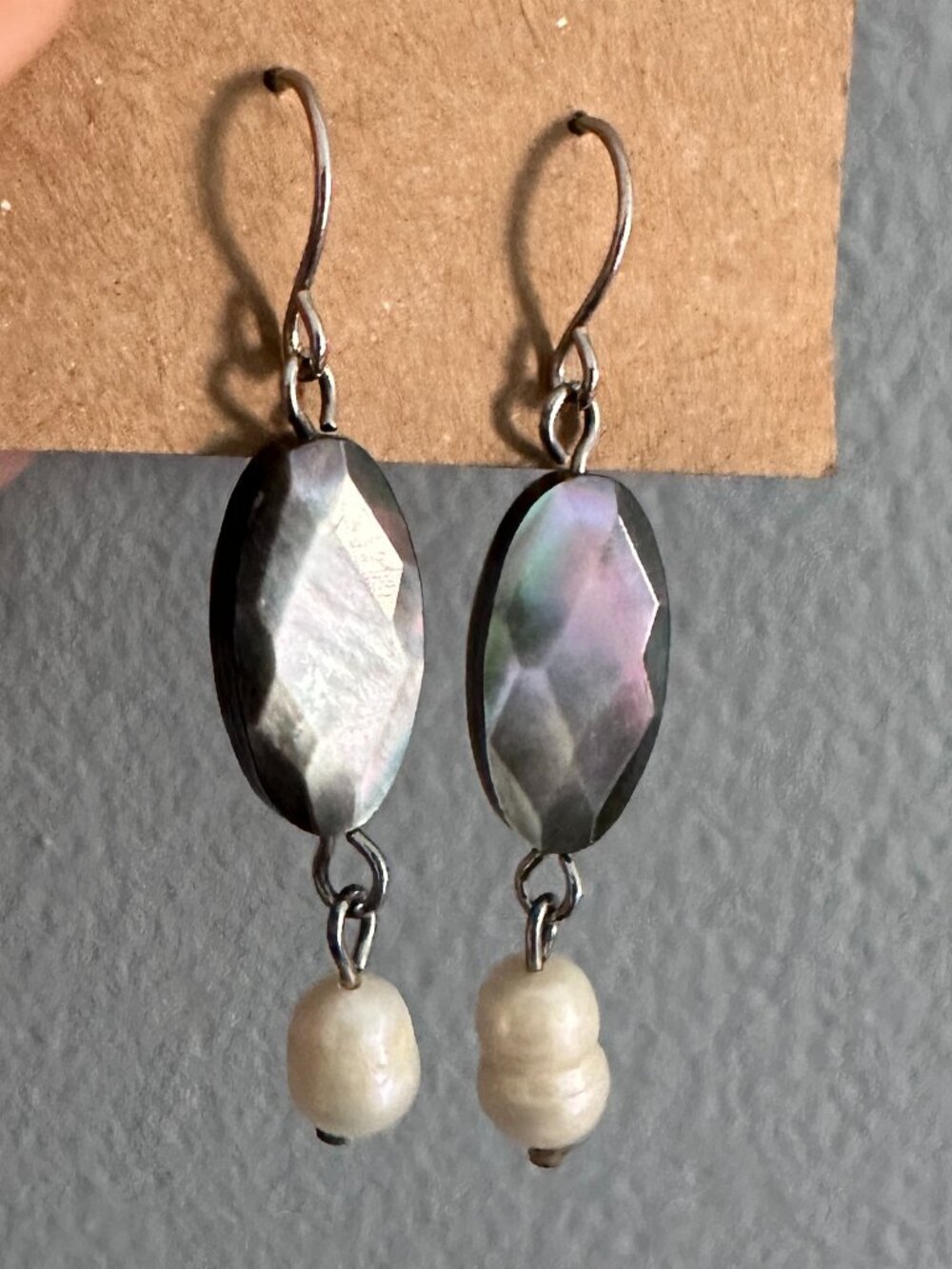 Handmade Iridescent Grey Oval & Pearl Dangle Earrings